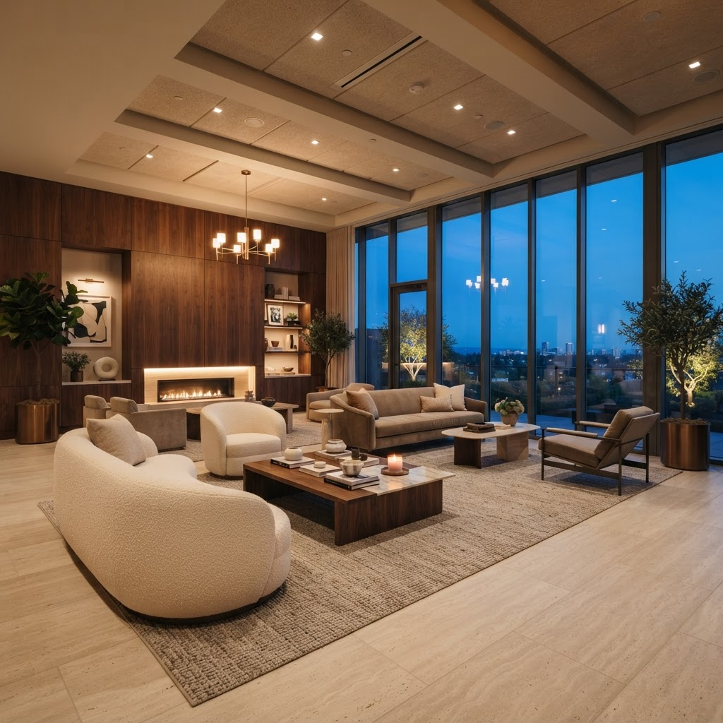 Splendid House akşam atmosferinde ortak yaşam alanı